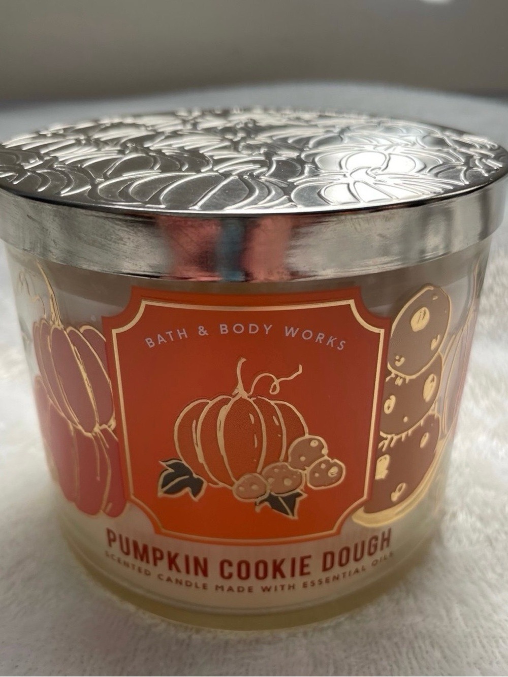 Bath & Body Works Pumpkin Cookie Dough 3-Wick Candle - Orange with Silver Lid